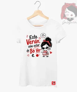 Camiseta galega branca de muller co deseño Este verán vou estar de bó ver