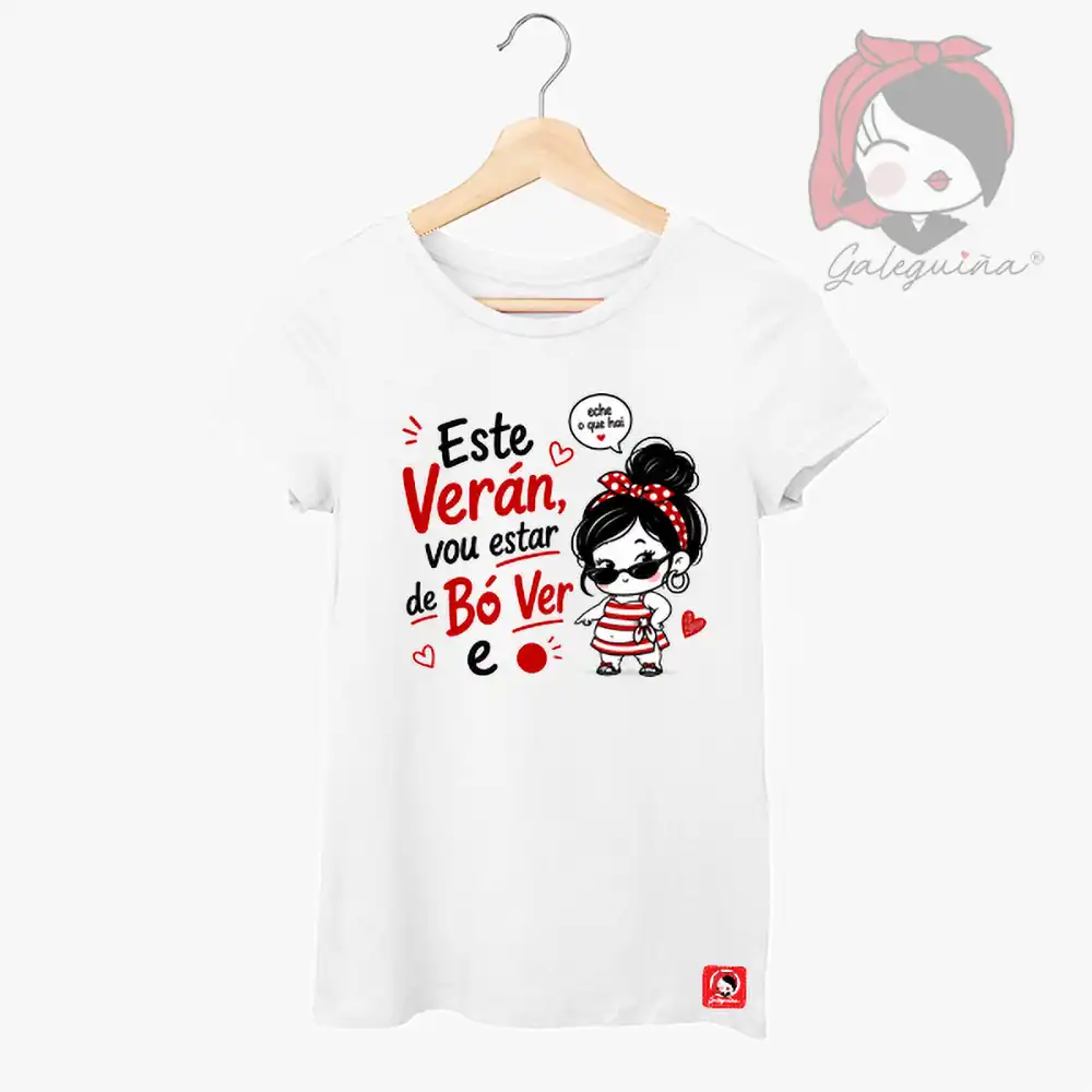 Camiseta galega branca de muller co deseño Este verán vou estar de bó ver