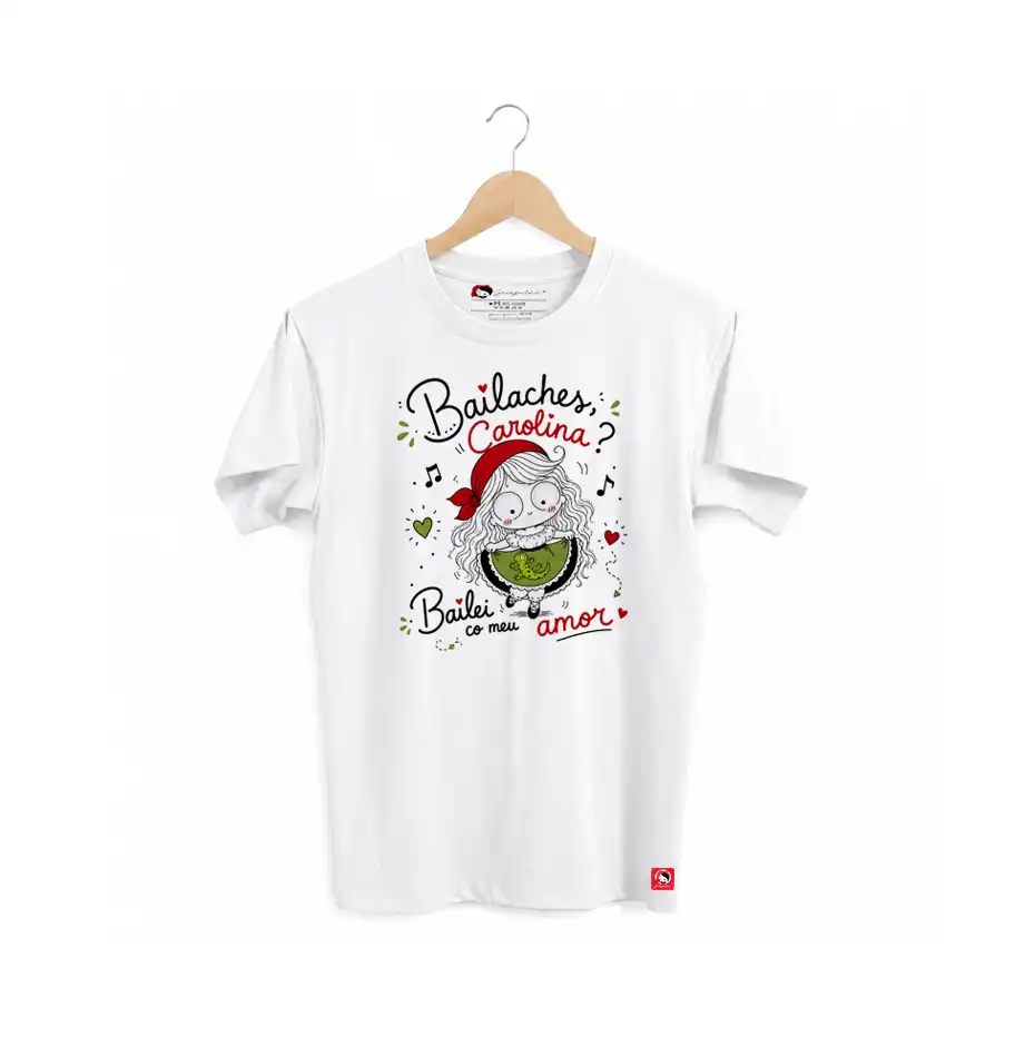Camiseta branca corte unisex co deseño tradicional galego "Bailaches Carolina" de Galeguiña