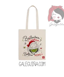 Bolsa Bailaches Carolina de Galeguiña en algodón natural con diseño inspirado en la canción popular gallega