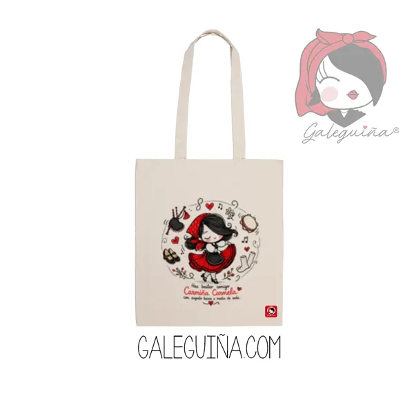 Bolsa Carmiña Carmela de Galeguiña en algodón natural con ilustración inspirada en la música popular gallega