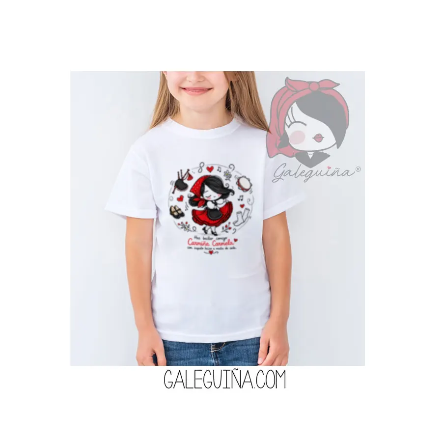 Camiseta Carmiña Carmela infantil para niños y niñas con ilustración original de Galeguiña